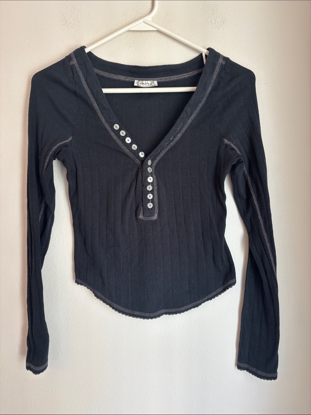 Free People Ribbed Long-Sleeve Henley Top - Black women’s XS cotton Fall sexy